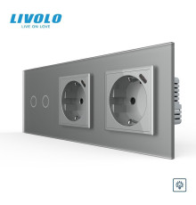 Подвійний сенсорний димер LIVOLO з двома розетками з USB Type-C 18Вт, заземлення, сірий матовый, скло, 16A 230V