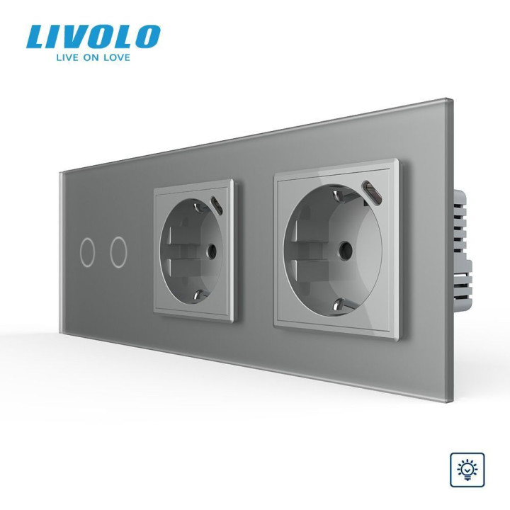 Подвійний сенсорний димер LIVOLO з двома розетками з USB Type-C 18Вт, заземлення, сірий матовый, скло, 16A 230V · LIVOLO · VL-C7FC2D/FCTF16A.UC18W/FCTF16A.UC18W-6IS06