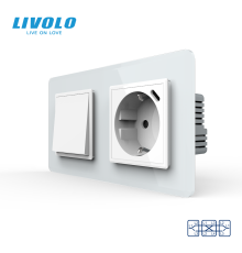 Перехресний вимикач LIVOLO з розеткою та USB Type-C 18Вт, білий 2.5D, скло, із заземленням і захисними шторками