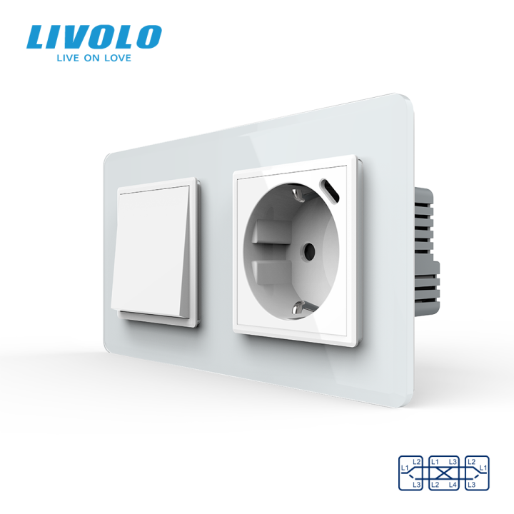 Перехресний вимикач LIVOLO з розеткою та USB Type-C 18Вт, білий 2.5D, скло, із заземленням і захисними шторками · LIVOLO · VL-C7FCMM10A2/FCTF16A.UC18W-4WS05