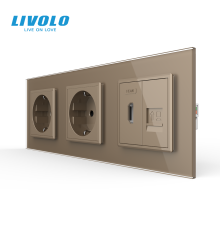 Розетка LIVOLO з HDMI і Інтернет RJ-45, золота, настінна, скляна рамка