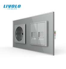 Розетка LIVOLO з двома інтернет портами RJ-45, сіра, настінна дизайнерська, скляна рамка