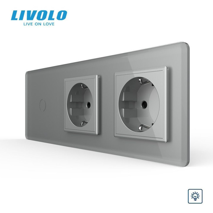 Сенсорний диммер 1 сенсор 2 розетки LIVOLO сірий 2.5D скло · LIVOLO · VL-FC1D2/FCTC16A/FCTC16A-6IS05