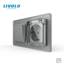 Вимикач без фіксації з розеткою кришка IP44 LIVOLO сірий 2.5D скло, 16А 230В, із заземленням, захисні шторки