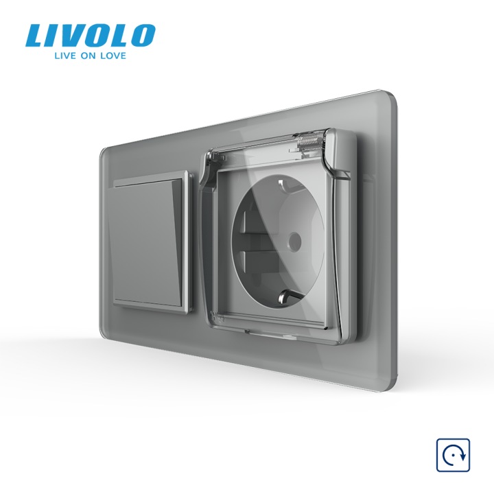 Вимикач без фіксації з розеткою кришка IP44 LIVOLO сірий 2.5D скло, 16А 230В, із заземленням, захисні шторки · LIVOLO · VL-C7FCMH2/FCTC16A/XW001-4IS05