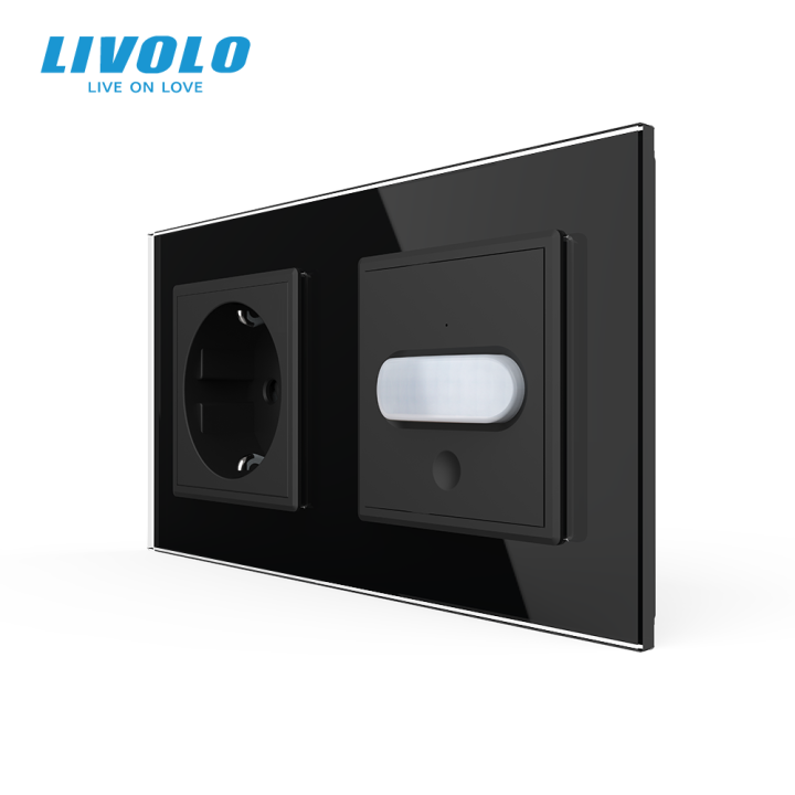 Розетка LIVOLO із заземленням і датчиком руху, чорна, настінна дизайнерська, скляна рамка, 250В 16А · LIVOLO · VL-C7FCTC16A/FCU-4BP