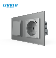 Перехресний вимикач LIVOLO з розеткою та USB Type-C 18Вт, сірий матовый, скло, із заземленням і захисними шторками