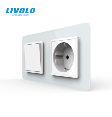 Двоклавішний вимикач з розеткою LIVOLO білий 2.5D скло