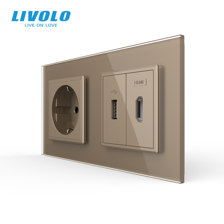 Розетка LIVOLO з USB 10Вт, інтернет портом RJ-45 і HDMI, золота, настінна дизайнерська, скляна рамка · LIVOLO · VL-C7FCTC16A/FCUA/FCHD-4AP