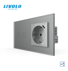 Сенсорний подвійний прохідний вимикач LIVOLO з розеткою та USB Type-C 18Вт, сірий матовый, скло, із заземленням