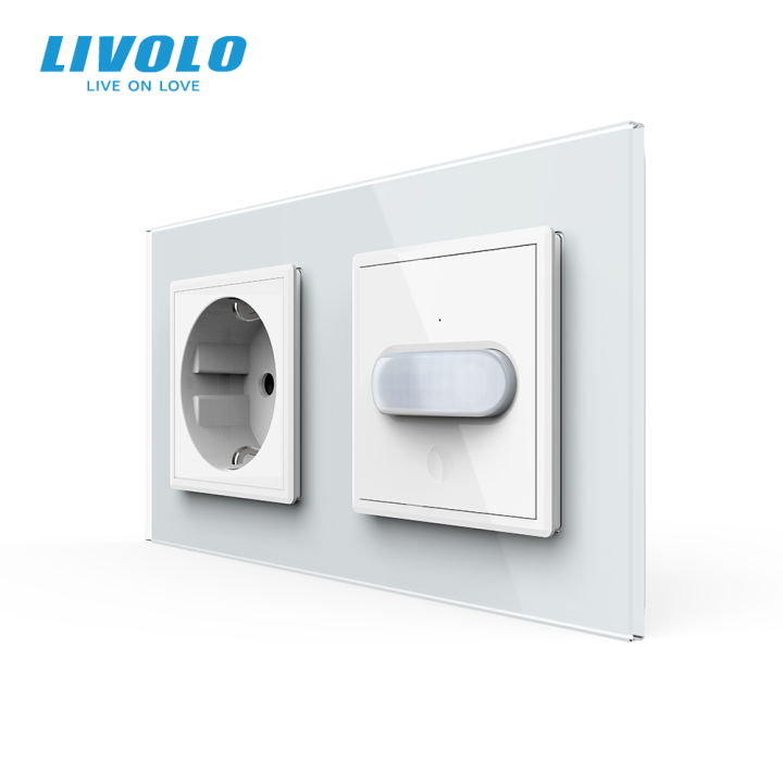 Розетка LIVOLO із заземленням і датчиком руху, біла, настінна дизайнерська, скляна рамка, 250В 16А · LIVOLO · VL-C7FCTC16A/FCU-4WP