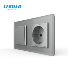 Одноклавішний вимикач з розеткою LIVOLO сірий 2.5D скло