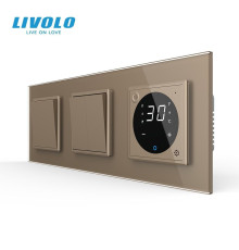 Терморегулятор сенсорний для теплої підлоги LIVOLO з 3-клавішним вимикачем (1-2), золото, скляна рамка