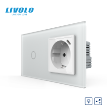 Прохідний сенсорний димер LIVOLO з розеткою та USB Type-C 18Вт, білий матовый, із заземленням і захисними шторками
