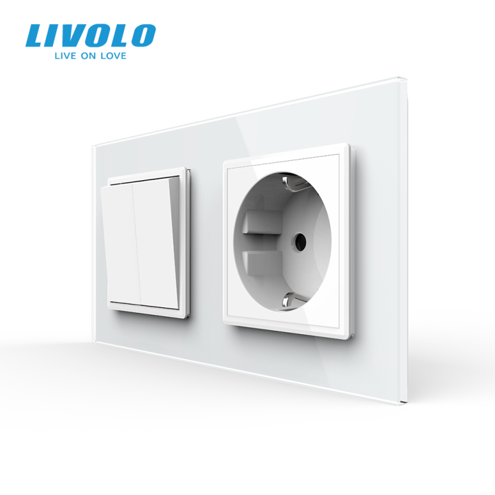 Двоклавішний вимикач з розеткою Livolo білий скло (VL-C7C1EUK2-11) · LIVOLO · VL-C7FCMKS1/FCTC16A-4WP