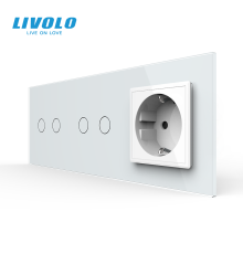 Сенсорний прохідний димер LIVOLO 4 сенсори (2-2) з розеткою, білий скло, 16A 230V, заземлення, захисні шторки