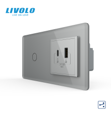 Сенсорний (дотиковий) прохідний вимикач LIVOLO з розеткою USB-A + USB-C 36Вт сірий 2.5D скляна рамка
