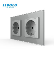 Подвійна електрична розетка з заземленням LIVOLO, сіра, скляна рамка, шторки, 250В 16А (VL-C7C2EU-15)