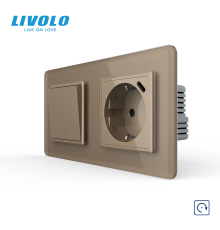 Подвійний вимикач без фіксації LIVOLO з розеткою та USB Type-C 18Вт, золотий 2.5D, скло, заземлення