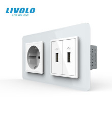 Розетка з заземленням з 2 USB розетками LIVOLO біла 2.5D скло