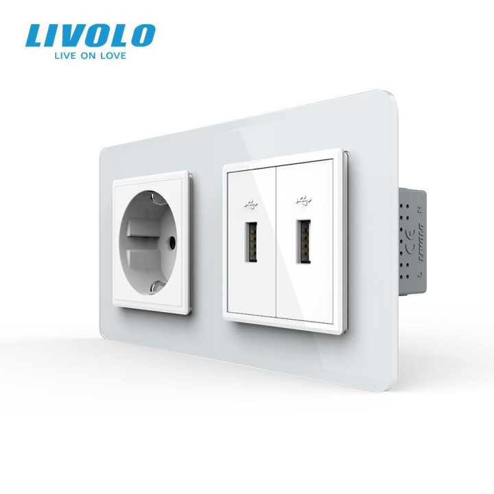Розетка з заземленням з 2 USB розетками LIVOLO біла 2.5D скло · LIVOLO · VL-C7FCTC16A/FCUA/FCUA-4WS05