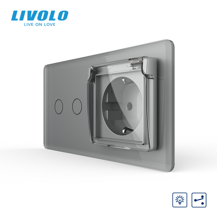 Прохідний сенсорний димер LIVOLO 2 сенсори з розеткою IP44, сірий 2.5D, 16A 230V, із заземленням, шторки · LIVOLO · VL-C7FC2SD/FCTC16A/XW001-4IS05
