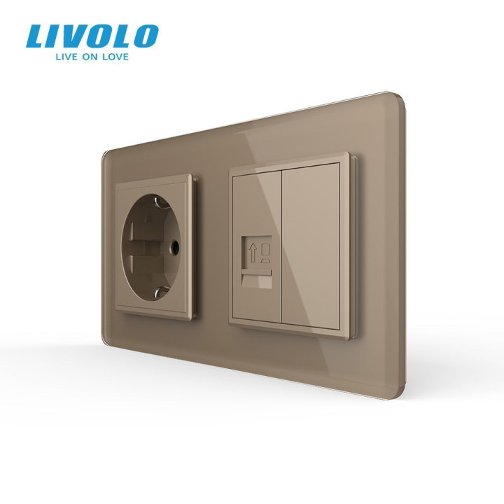 Розетка двомісна комбінована Силова Інтернет LIVOLO золота 2.5D скло · LIVOLO · VL-C7FCTC16A/FCCP/FCMB-4AS05