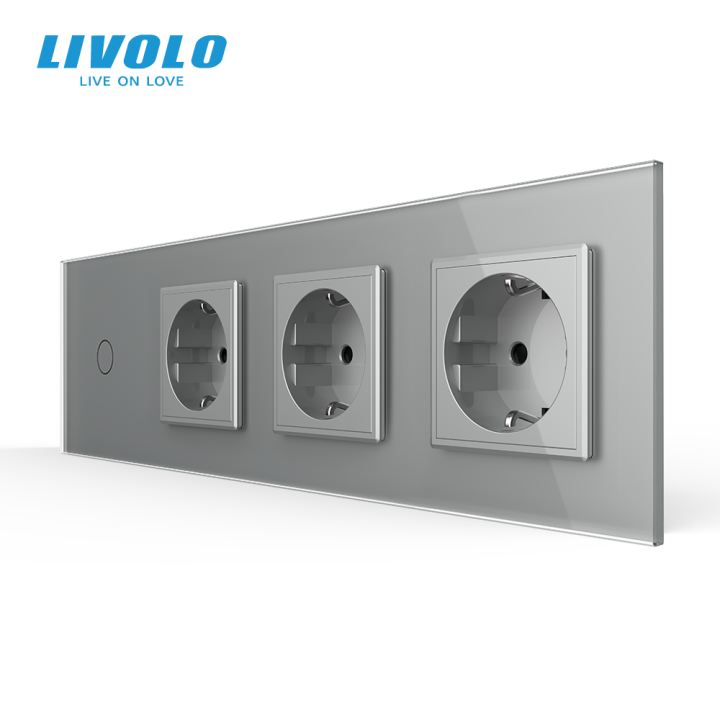 Сенсорний вимикач 1 сенсор 3 розетки LIVOLO сірий матовий скло · LIVOLO · VL-C7FC1/FCTC16A/3-8IS06