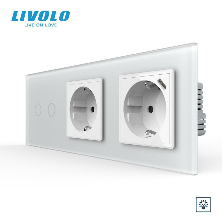 Подвійний сенсорний димер LIVOLO з розеткою та розеткою з USB Type-C 18Вт, заземлення, білий матовый, скло, 16A 230V · LIVOLO · VL-C7FC2D/FCTC16A/FCTF16A.UC18W-6WS06