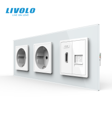Розетка LIVOLO з HDMI і Інтернет RJ-45, біла, настінна, скляна рамка