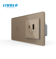 Сенсорний (дотиковий) вимикач LIVOLO з розеткою USB-A + USB-C 36Вт золотий 2.5D скляна рамка