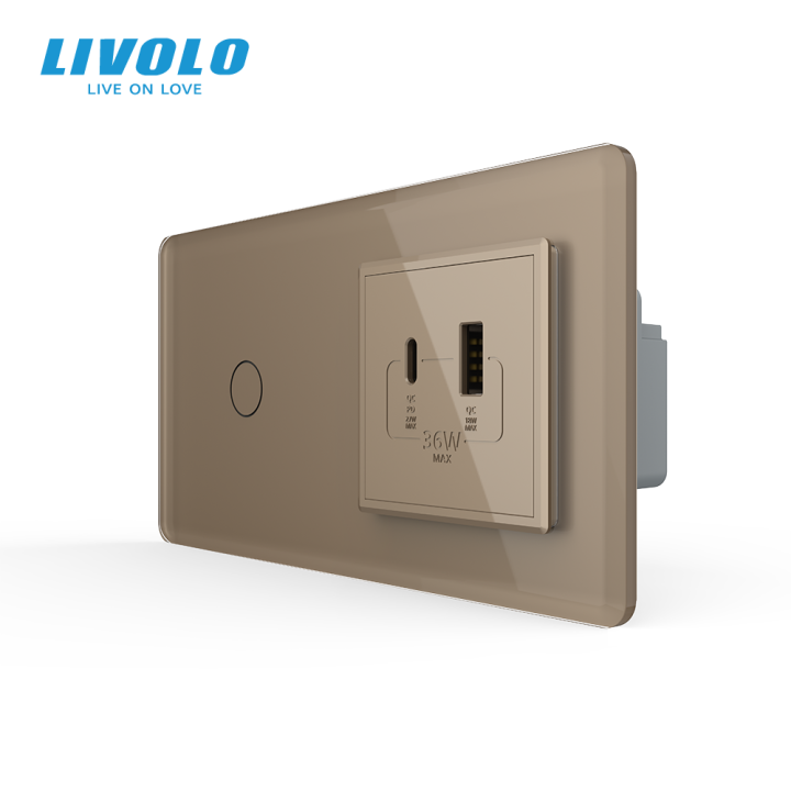 Сенсорний (дотиковий) вимикач LIVOLO з розеткою USB-A + USB-C 36Вт золотий 2.5D скляна рамка · LIVOLO · VL-C7FC1/FCUA18W.UC18W-4AS05