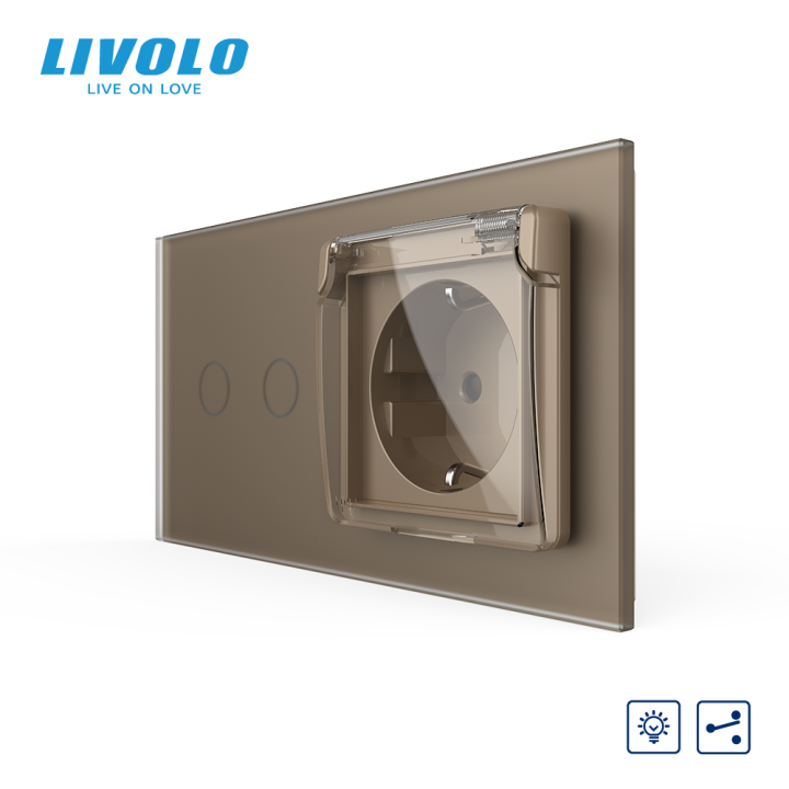 Прохідний сенсорний димер LIVOLO 2 сенсори з розеткою IP44, золотий матовый, 16A 230V, із заземленням, шторки · LIVOLO · VL-C7FC2SD/FCTC16A/XW001-4AS06