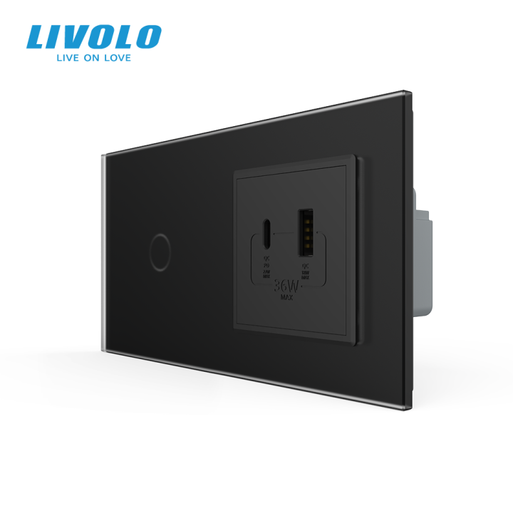 Сенсорний (дотиковий) вимикач LIVOLO з розеткою USB-A + USB-C 36Вт чорний матовый скляна рамка · LIVOLO · VL-C7FC1/FCUA18W.UC18W-4BS06
