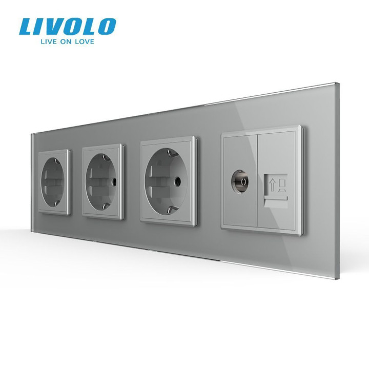 Розетка чотиримісна комбінована Силова Інтернет ТБ LIVOLO сіра матова скло · LIVOLO · VL-C7FCTC16A/FCCP/FCTV-8IS06