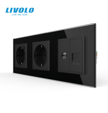 Розетка LIVOLO з USB 18Вт, Інтернет RJ-45 і ТВ виходом, із заземленням, шторки, чорна, скляна рамка, 250В 16А