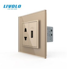 Розетка універсальна з USB розеткою Livolo золотий скло (VL-C7C1AUSB-13)