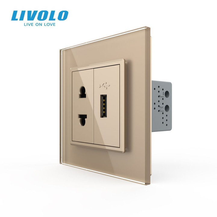 Розетка універсальна з USB розеткою Livolo золотий скло (VL-C7C1AUSB-13) · LIVOLO · VL-C7FCT25/FCUA-2AP