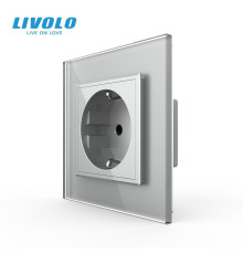 Електрична розетка з заземленням LIVOLO, сіра, скляна рамка, шторки, 250В 16А (VL-C7C1EU-15)