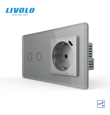 Сенсорний подвійний прохідний вимикач LIVOLO з розеткою та USB Type-C 18Вт, сірий 2.5D, скло, із заземленням