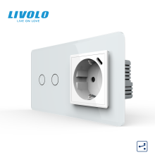 Сенсорний подвійний прохідний вимикач LIVOLO з розеткою та USB Type-C 18Вт, білий 2.5D, скло, із заземленням
