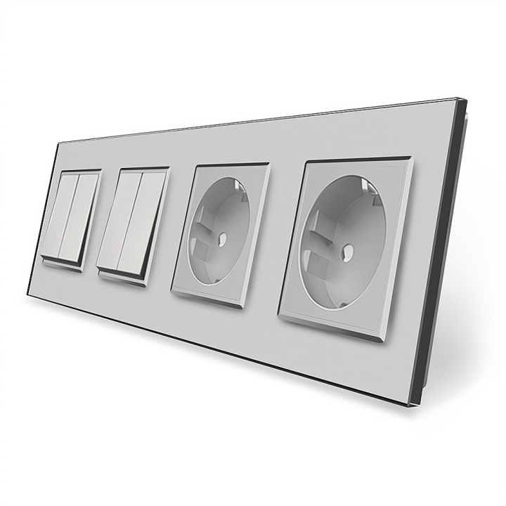 Чотирьохклавішний вимикач (2-2) з подвійною розеткою Livolo сірий скло (VL-C7K2/K2/FCTC16A/FCTC16A-8IP) · LIVOLO · VL-C7K2/K2/FCTC16A/FCTC16A-8IP