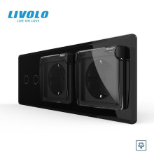 Подвійний сенсорний димер LIVOLO з двома розетками з кришкою IP44, заземлення, шторки, чорний 2.5D, скло, 16A 230V