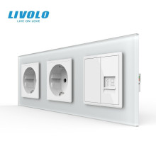 Розетка тримісна комбінована Силова Інтернет LIVOLO біла матова скло