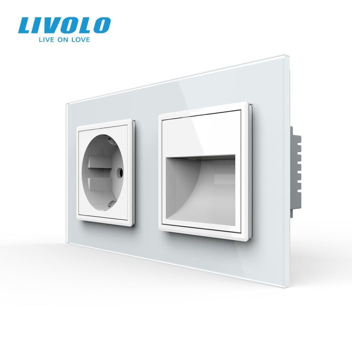 Розетка зі світильником для сходів і коридору LIVOLO, 2700K, 230В, 0.35Вт, біла, скляна рамка · LIVOLO · VL-C7FCTC16A/FCL1-4WP