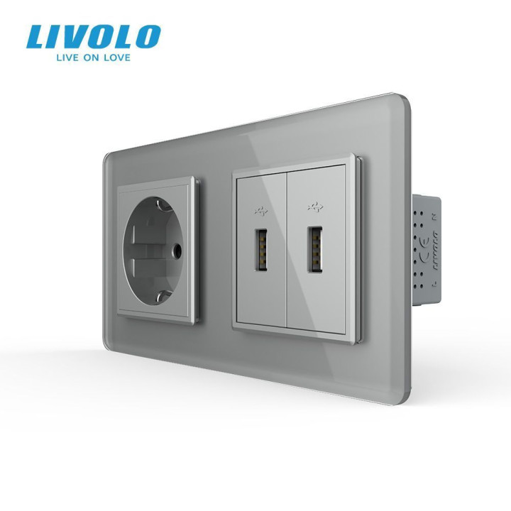 Розетка з заземленням з 2 USB розетками LIVOLO сіра 2.5D скло · LIVOLO · VL-C7FCTC16A/FCUA/FCUA-4IS05