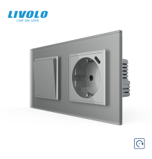 Вимикач без фіксації LIVOLO з розеткою та USB Type-C 18Вт, сірий матовый, скло, із заземленням і захисними шторками