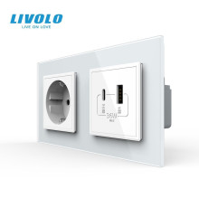 Розетка LIVOLO з USB-A та USB-C, Power Delivery 36W, біла, настінна дизайнерська, скляна рамка