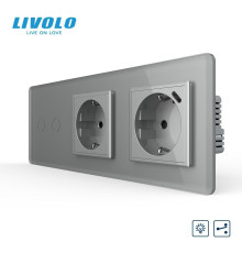 Прохідний подвійний сенсорний димер LIVOLO з розеткою та розеткою з USB Type-C 18Вт, заземлення, сірий 2.5D, скло