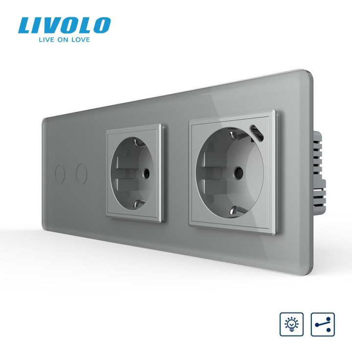 Прохідний подвійний сенсорний димер LIVOLO з розеткою та розеткою з USB Type-C 18Вт, заземлення, сірий 2.5D, скло · LIVOLO · VL-C7FC2SD/FCTC16A/FCTF16A.UC18W-6IS05